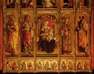 Altartavla av St Emidio, polyptyk, detalj av Jungfrun och de heliga Saint Paul, Saint John the Baptist, Saint Etienne och Saint Paul, från vänster till höger, 1473 tempera på trä
